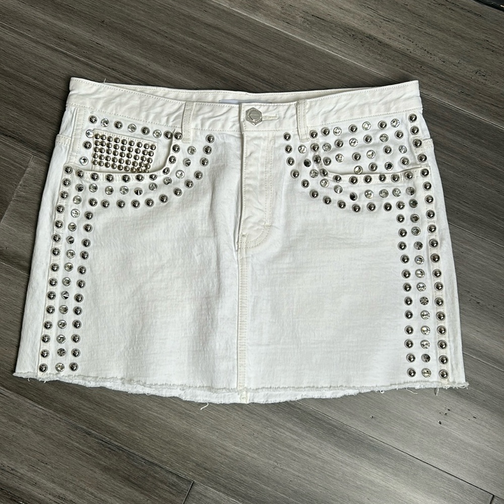 Rebecca Minkoff White Denim Studded Mini Skirt